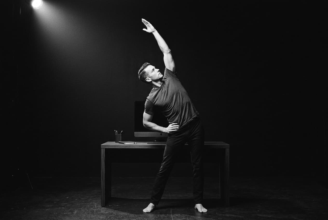 A person stretching upwards beside a desk