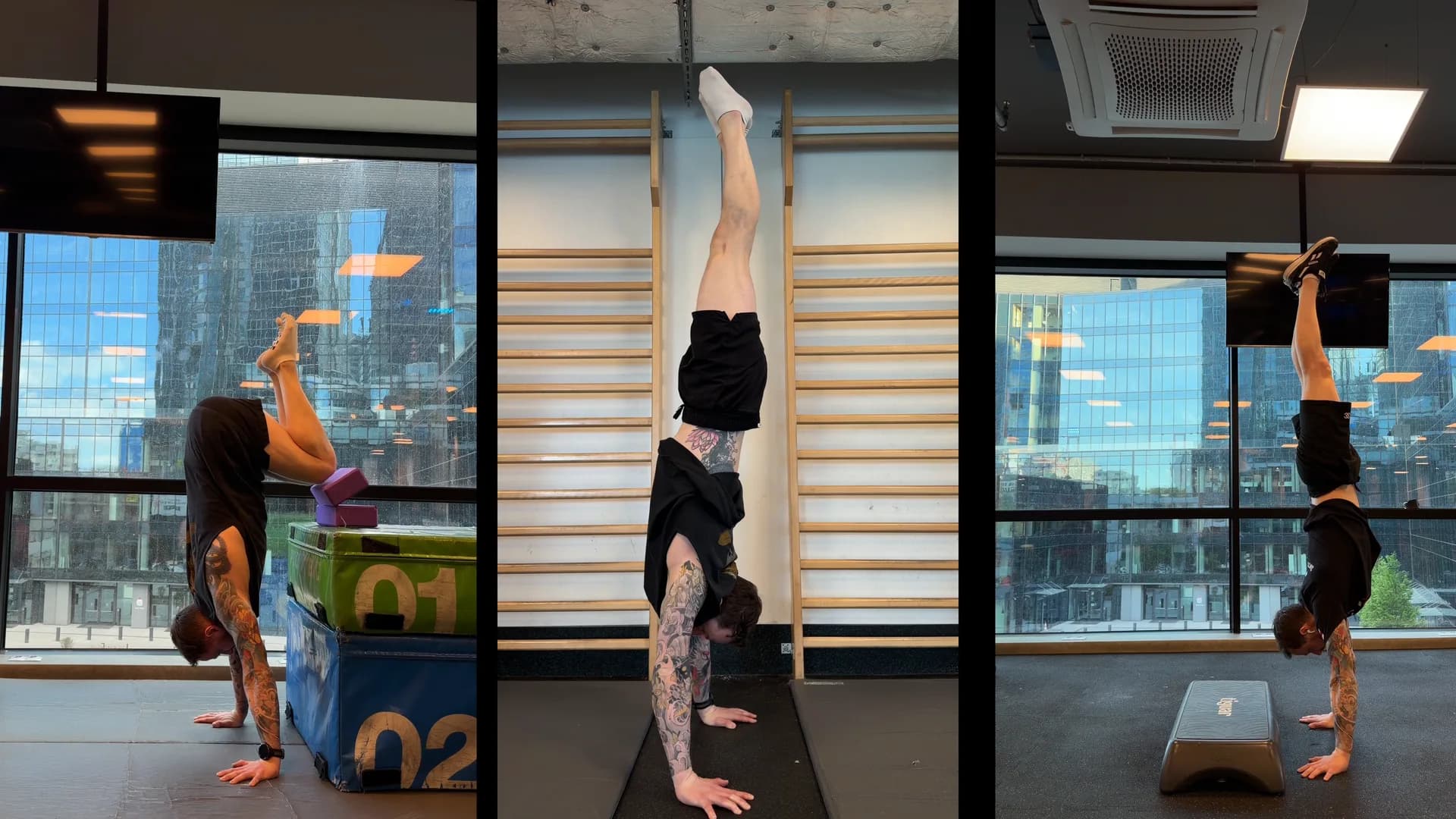 Three handstands against the wall and on the floor in a gym